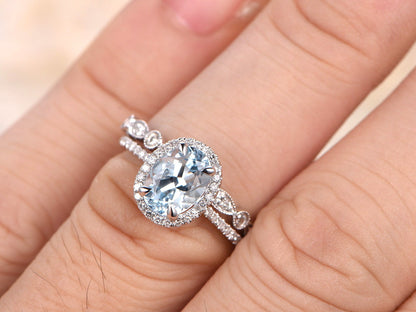 Ensemble de 2 bagues, bague en or blanc 14 carats avec aigue-marine ovale 6x8 mm et alliance assortie en diamant style Art déco, bague de fiançailles, bague d'anniversaire, bague de mariée