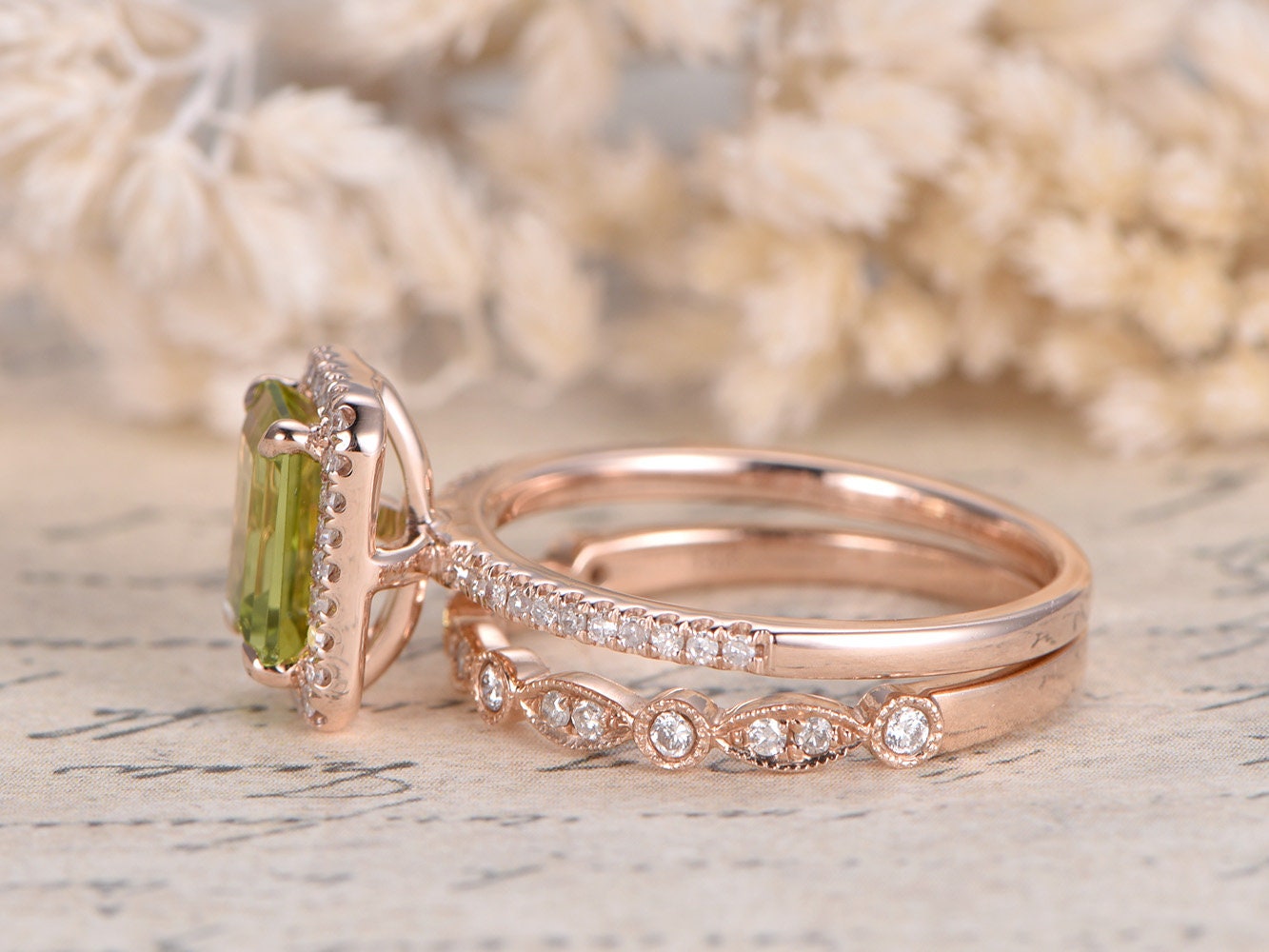 6x8mm-emerald-cut-peridot-engagement-ring-set-14k-rose-gold-art-deco-diamond-ring-august-birthstone
