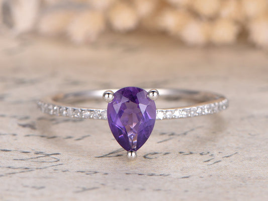 5x7mm Pear Cut Amethyst Engagement Ring 14K White Gold Diamond Side Stone