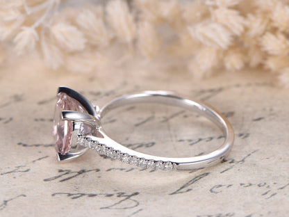 Bague de fiançailles en morganite, alliance en or blanc 14 carats, diamants, solitaire 8 mm, cadeau d'anniversaire pour femme.