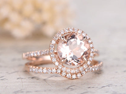8mm-round-cut-morganite-engagement-ring-set-2pcs-14k-rose-gold-diamond-halo-design-curved-band-half-eternity