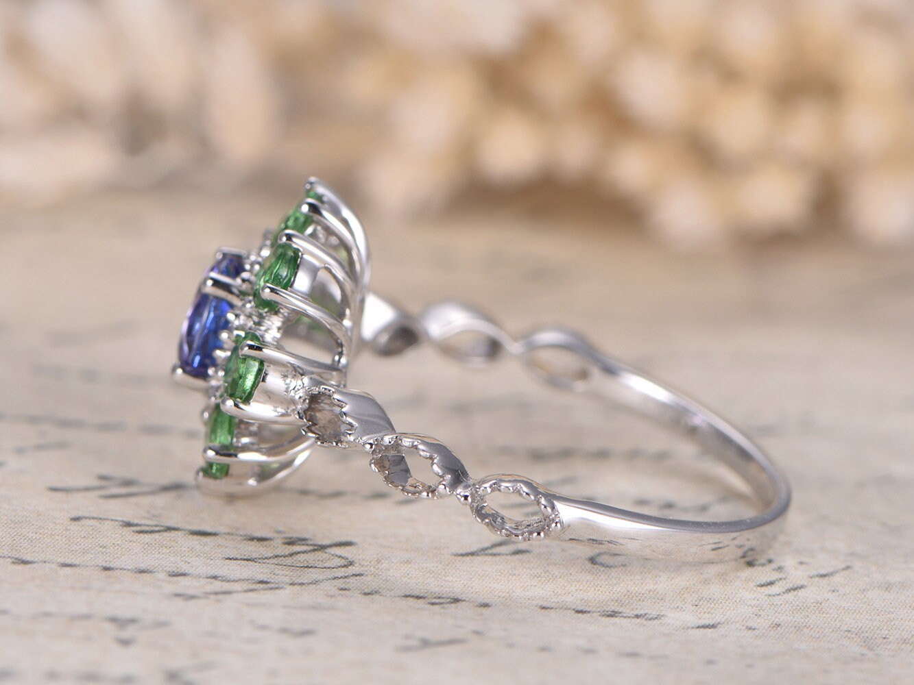 5mm Round Cut Tanzanite Engagement Ring 14K White Gold Tsavorite Halo Design
