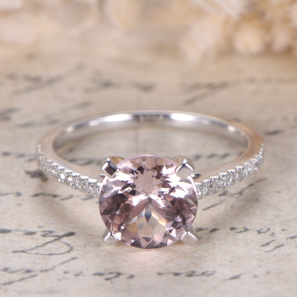 Bague de fiançailles en morganite, alliance en or blanc 14 carats, diamants, solitaire 8 mm, cadeau d'anniversaire pour femme.