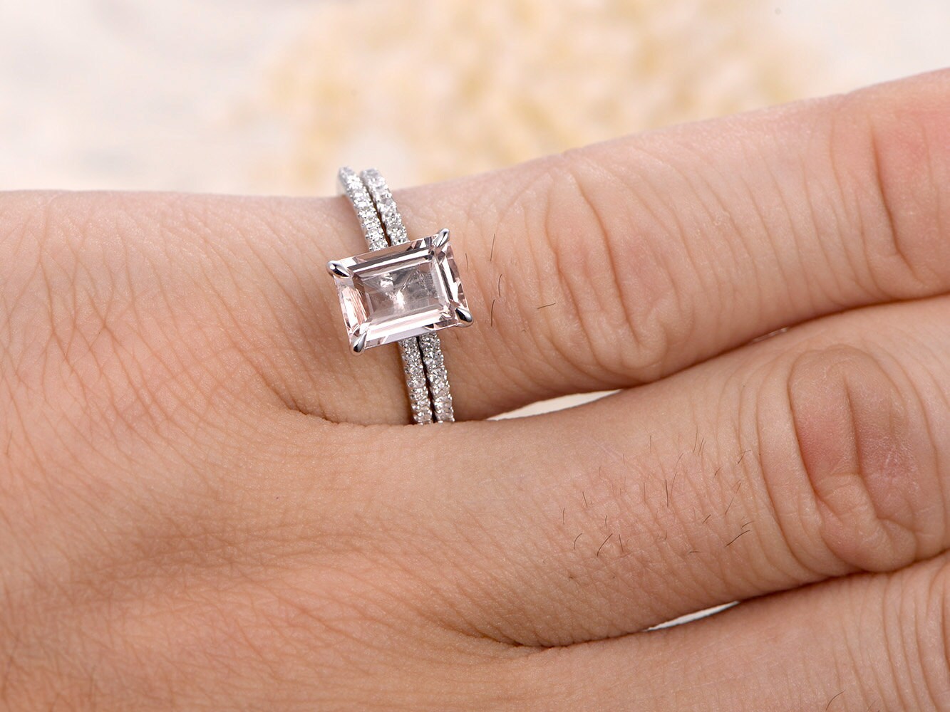Bague en morganite taille émeraude 6-8 mm, ensemble de bagues en morganite taille émeraude, bague de fiançailles en morganite, alliance fine en diamant assortie, ensemble de mariage