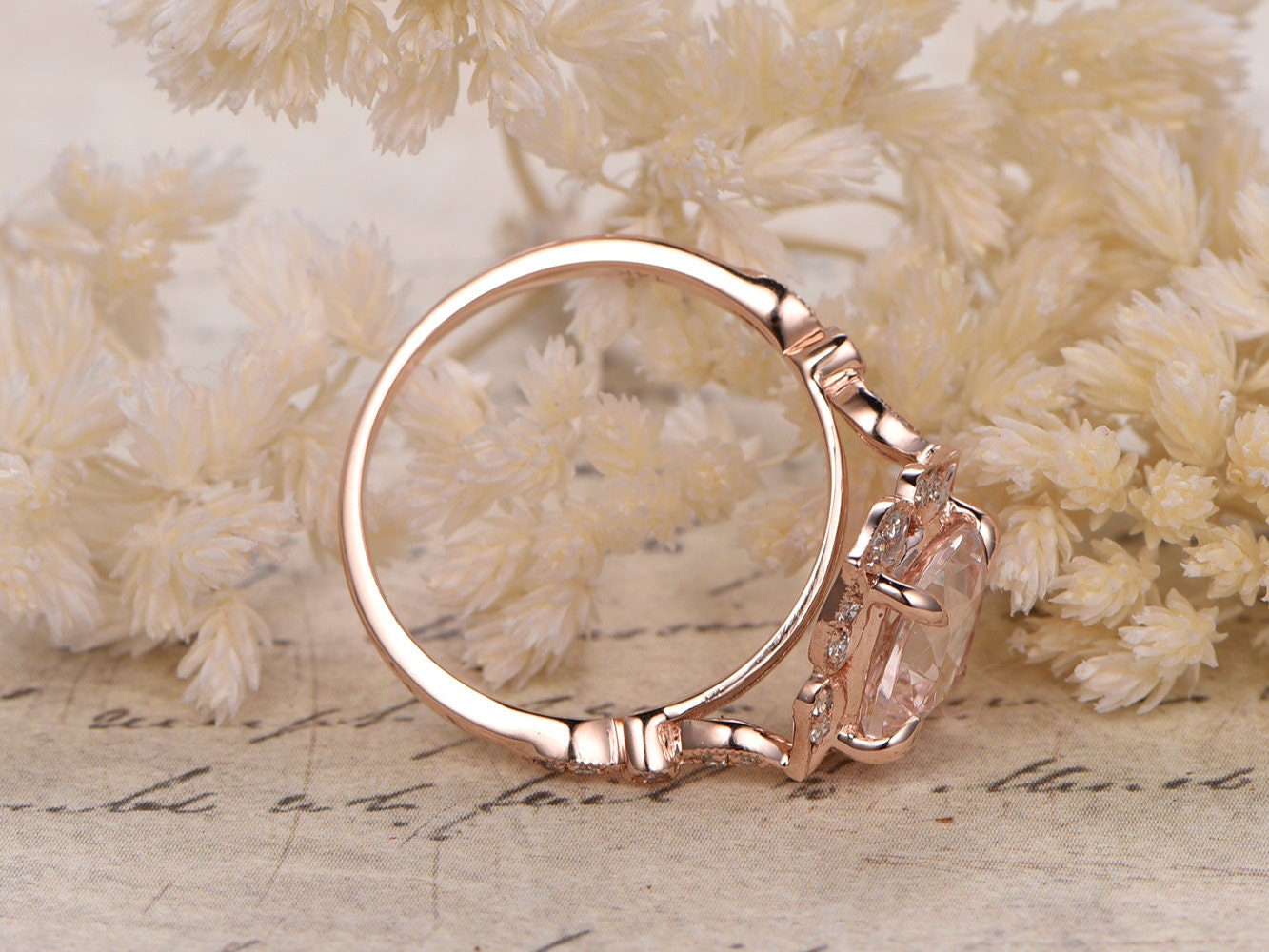 Bague de fiançailles en or rose 14 carats sertie de diamants pavés, alliance en morganite rose taille coussin de 8 mm, bague de mariée, bague de promesse