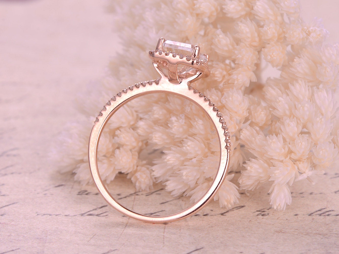 6x8mm-emerald-cut-white-topaz-engagement-ring-14k-rose-gold-diamond-halo-half-eternity-band-design-ball-prongs