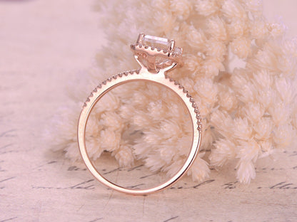 6x8mm-emerald-cut-white-topaz-engagement-ring-14k-rose-gold-diamond-halo-half-eternity-band-design-ball-prongs