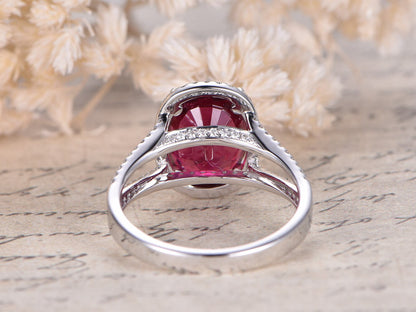9x11mm Oval Cut Ruby Engagement Ring 14K White Gold Diamond Halo Split Shank Design