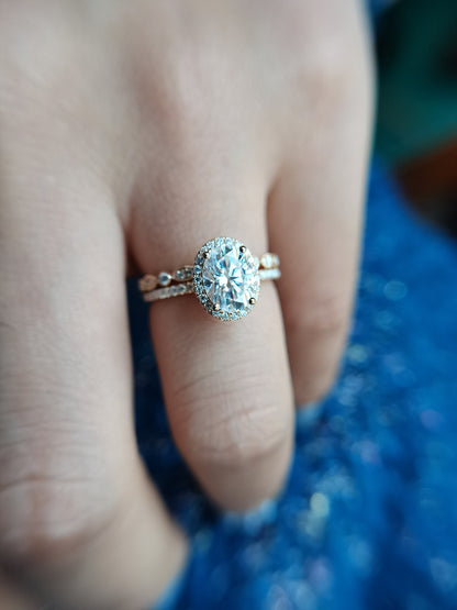 Ensemble de bagues de fiançailles en moissanite ovale, or blanc, alliance en moissanite 6x8 mm, bague de mariage en diamant, bagues en moissanite, ensemble de 2 bagues vintage