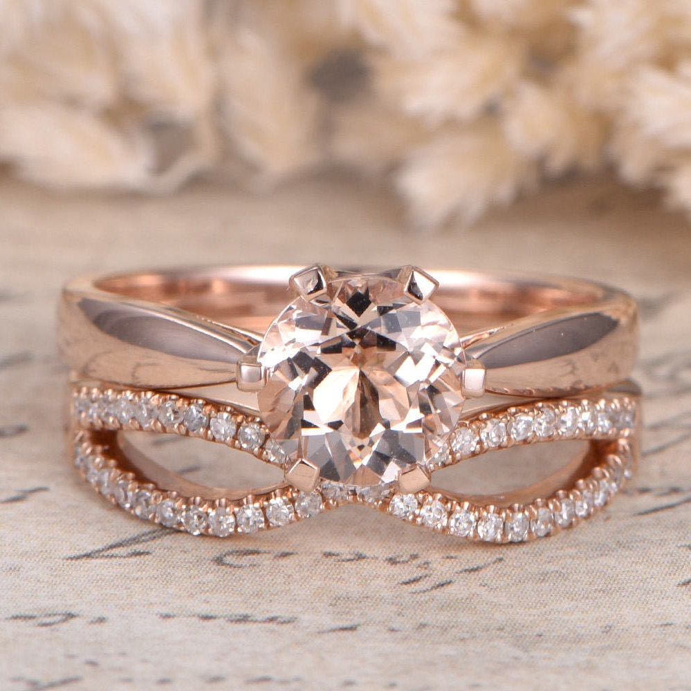 Bague de fiançailles en morganite rose, bague solitaire en morganite rose et or rose, alliance sertie de diamants, anneau fendu, bague à 6 griffes, anneau simple