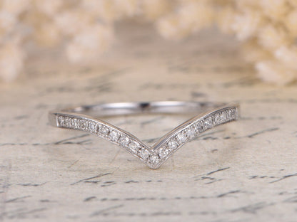 Бриллиантовое обручальное кольцо из белого золота 14K, обручальное кольцо с шевроном, V-образное обручальное кольцо, изогнутое обручальное кольцо, кольцо с микропаве бриллиантов, V-образное кольцо, женское кольцо