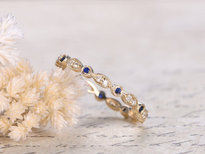 sapphire-wedding-band-14k-yellow-gold-full-eternity-band-bezel-diamond-milgrain-band-art-deco