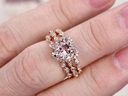 8mm Heart Cut Morganite Engagement Ring Set 3pcs 14K Rose Gold Diamond Halo | Two Art Deco Matching Band