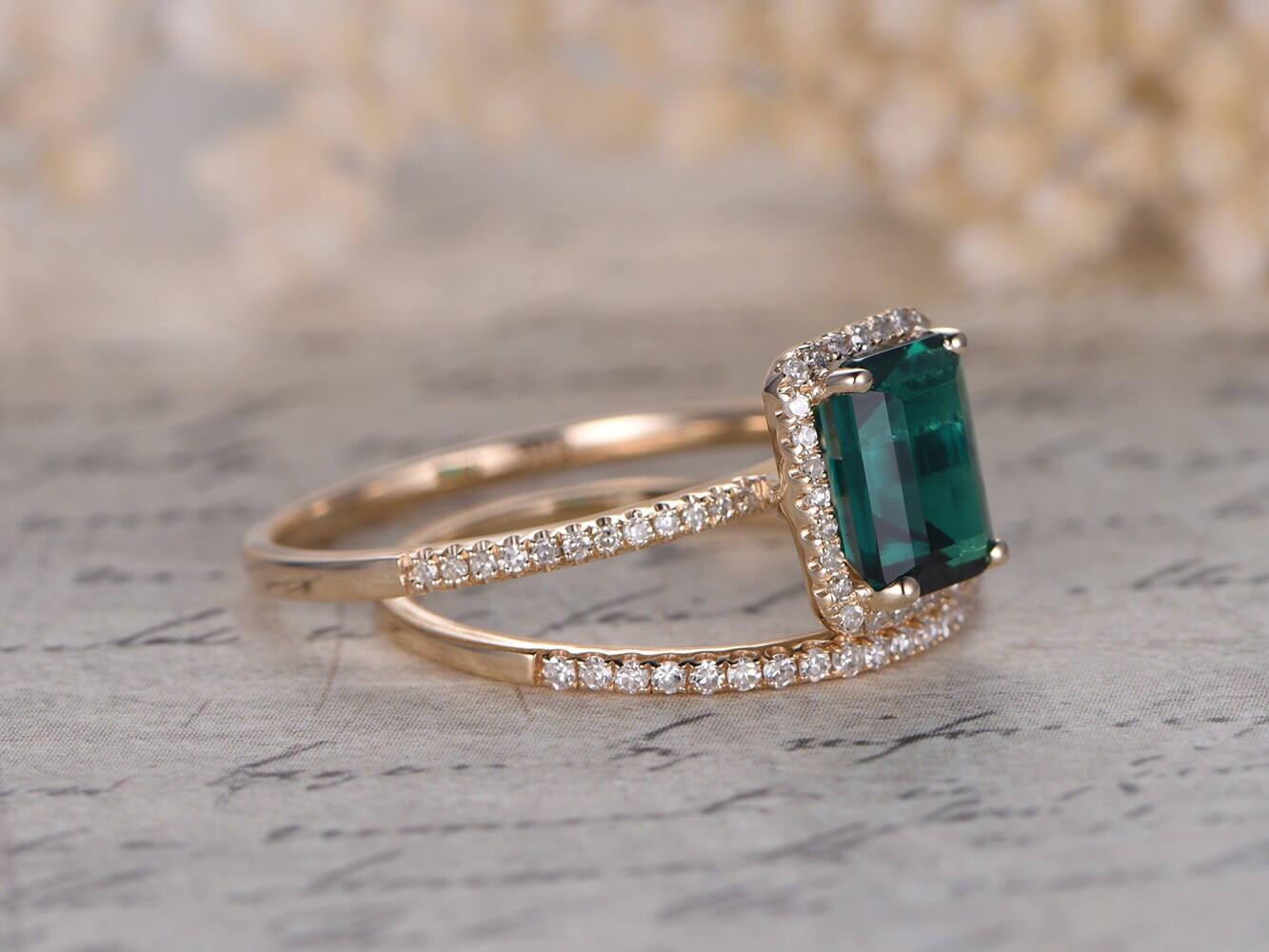 6x8mm-emerald-cut-emerald-engagement-ring-set-2pcs-14k-yellow-gold-diamond-halo-half-eternity-thin-matching-band