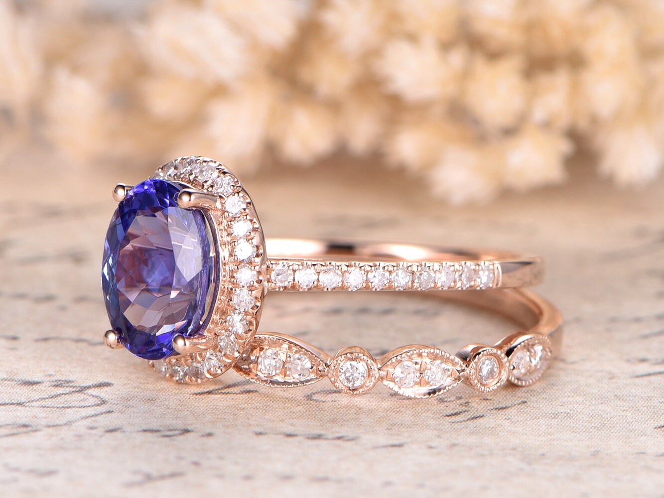 6x8mm Oval Cut Tanzanite Engagement Ring Set 2pcs 14K Rose Gold Diamond Halo | Art Deco Matching Band