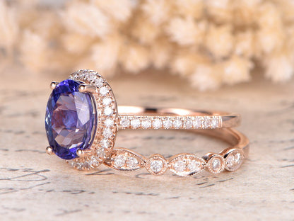 6x8mm Oval Cut Tanzanite Engagement Ring Set 2pcs 14K Rose Gold Diamond Halo | Art Deco Matching Band