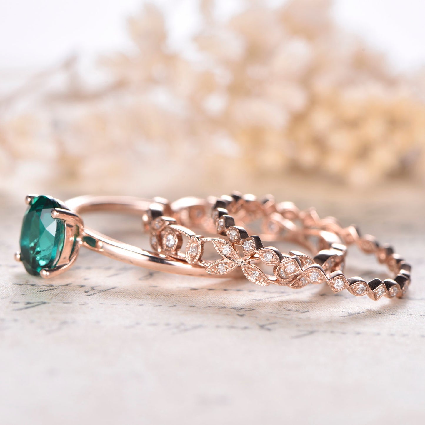 6x8mm-oval-cut-emerald-engagement-ring-set-3pcs-14k-rose-gold-plain-band-solitaire-two-art-deco-band