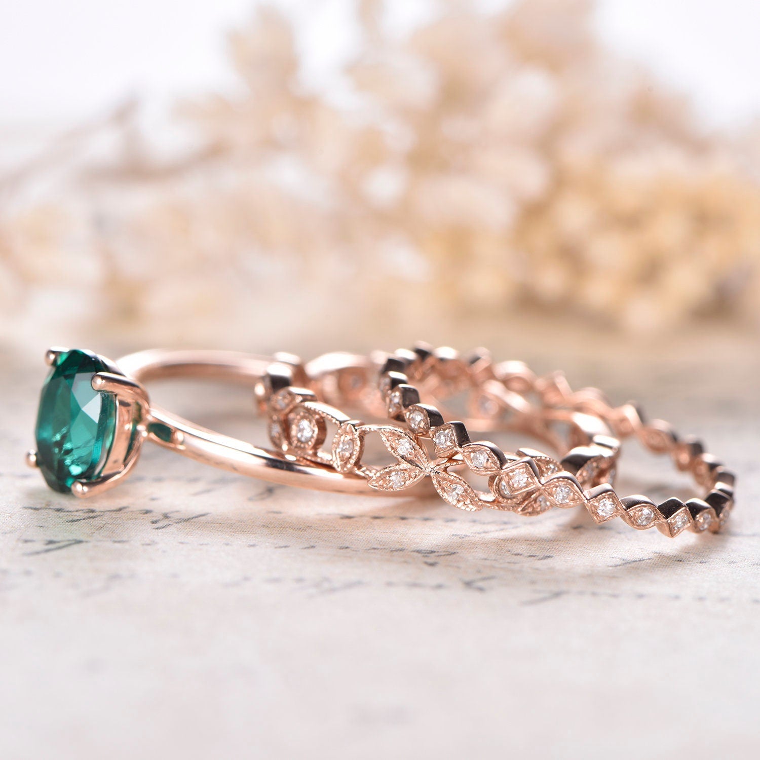 6x8mm-oval-cut-emerald-engagement-ring-set-3pcs-14k-rose-gold-plain-band-solitaire-two-art-deco-band