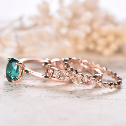 6x8mm-oval-cut-emerald-engagement-ring-set-3pcs-14k-rose-gold-plain-band-solitaire-two-art-deco-band