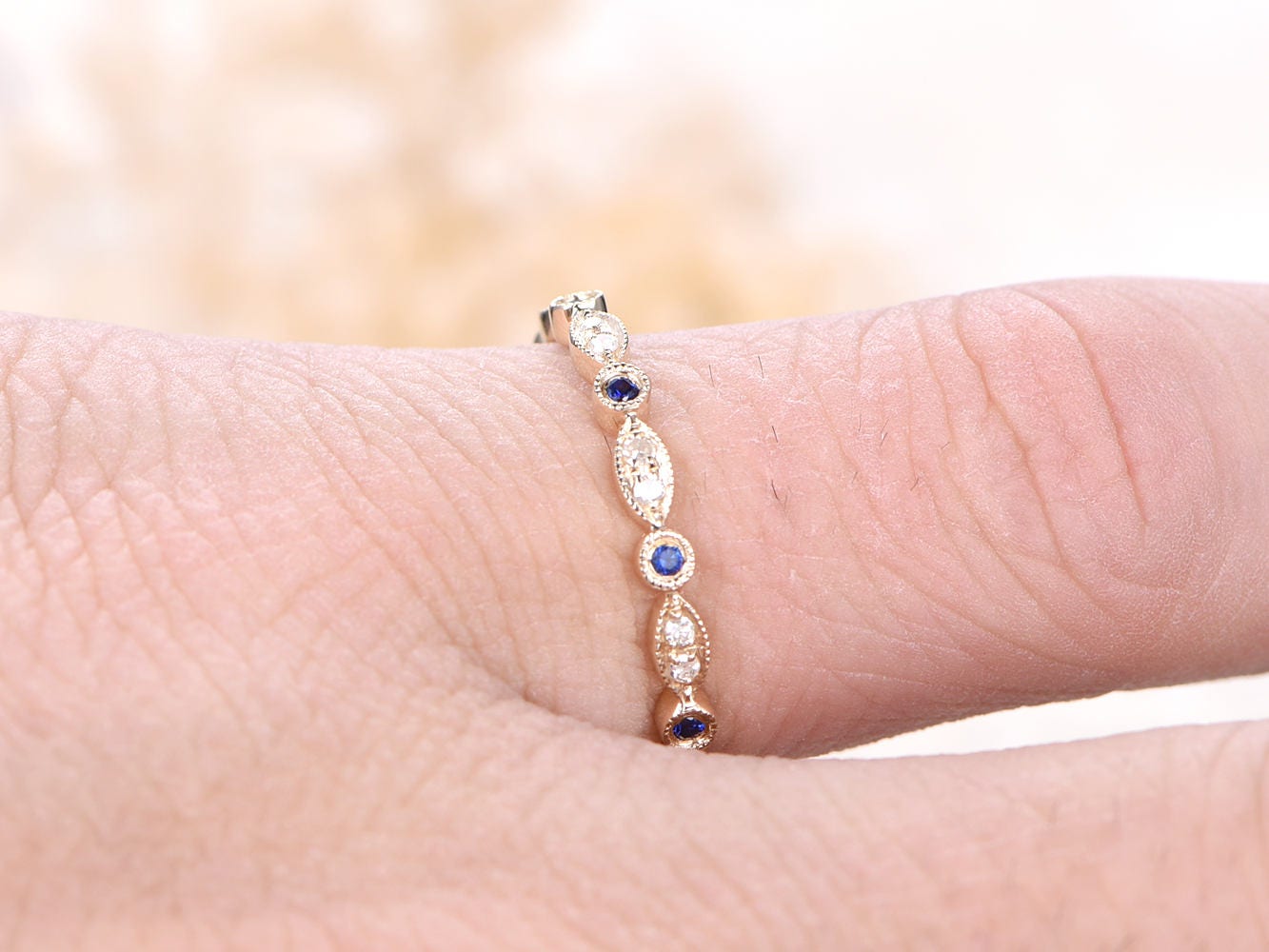 sapphire-wedding-band-14k-yellow-gold-full-eternity-band-bezel-diamond-milgrain-band-art-deco