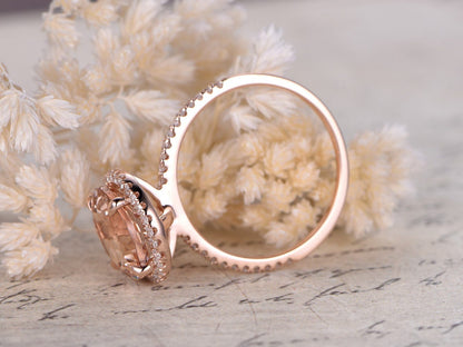 8mm Round Cut Morganite Engagement Ring 14K Rose Gold Diamond Halo Half Eternity