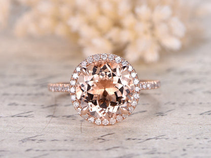 8mm Round Cut Morganite Engagement Ring 14K Rose Gold Diamond Halo Half Eternity