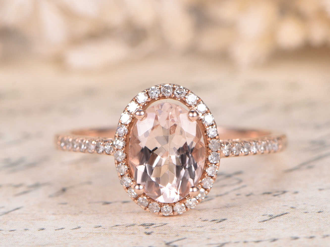 7x9mm Oval Cut Morganite Engagement Ring Vintage 14K Rose Gold Pave Set Diamond Halo