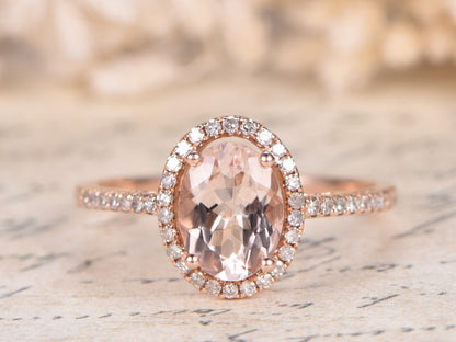 7x9mm Oval Cut Morganite Engagement Ring Vintage 14K Rose Gold Pave Set Diamond Halo