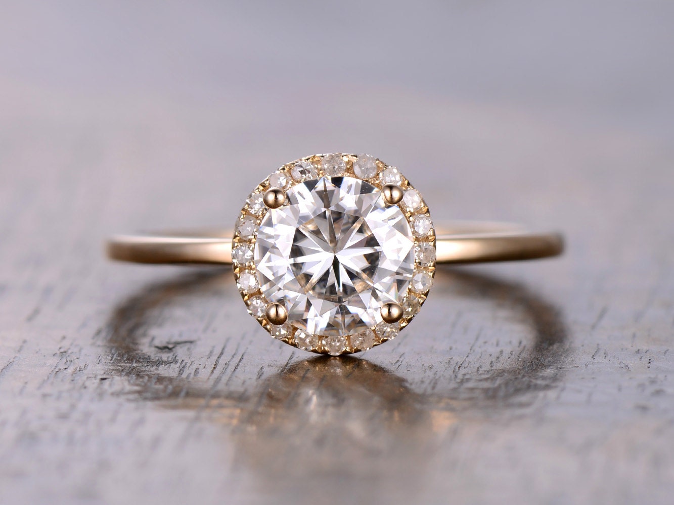 Bague en or jaune 14 carats avec moissanite taille ronde de 6,5 mm, bague de fiançailles en moissanite, bague de mariée, bague en diamant, alliance, bague pour femme