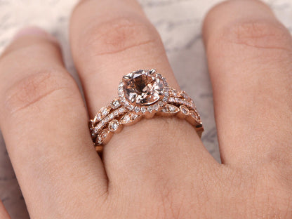 7mm-round-cut-morganite-engagement-ring-set-3pcs-14k-rose-gold-diamond-halo-half-eternity-two-art-deco-band