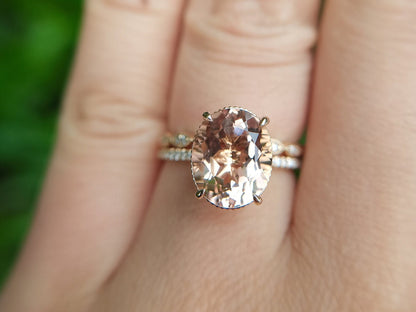 Bague de fiançailles ovale en morganite 9x11mm, bague en or rose avec morganite et diamants, alliance, bague de demande en mariage, bague d'anniversaire, cadeau pour elle