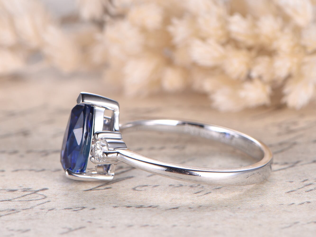 6x9mm Pear Cut Sapphire Engagement Ring 14K White Gold Three Stone Plain Band