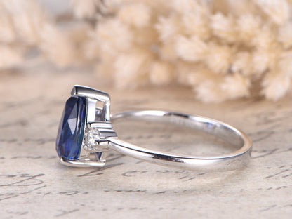 6x9mm Pear Cut Sapphire Engagement Ring 14K White Gold Three Stone Plain Band