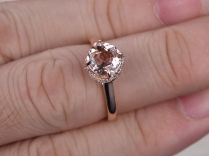 Bague de fiançailles unique en morganite, style vintage antique, sertie de diamants halo, anneau simple en or rose 14 carats, diamants ronds de 6,5 mm