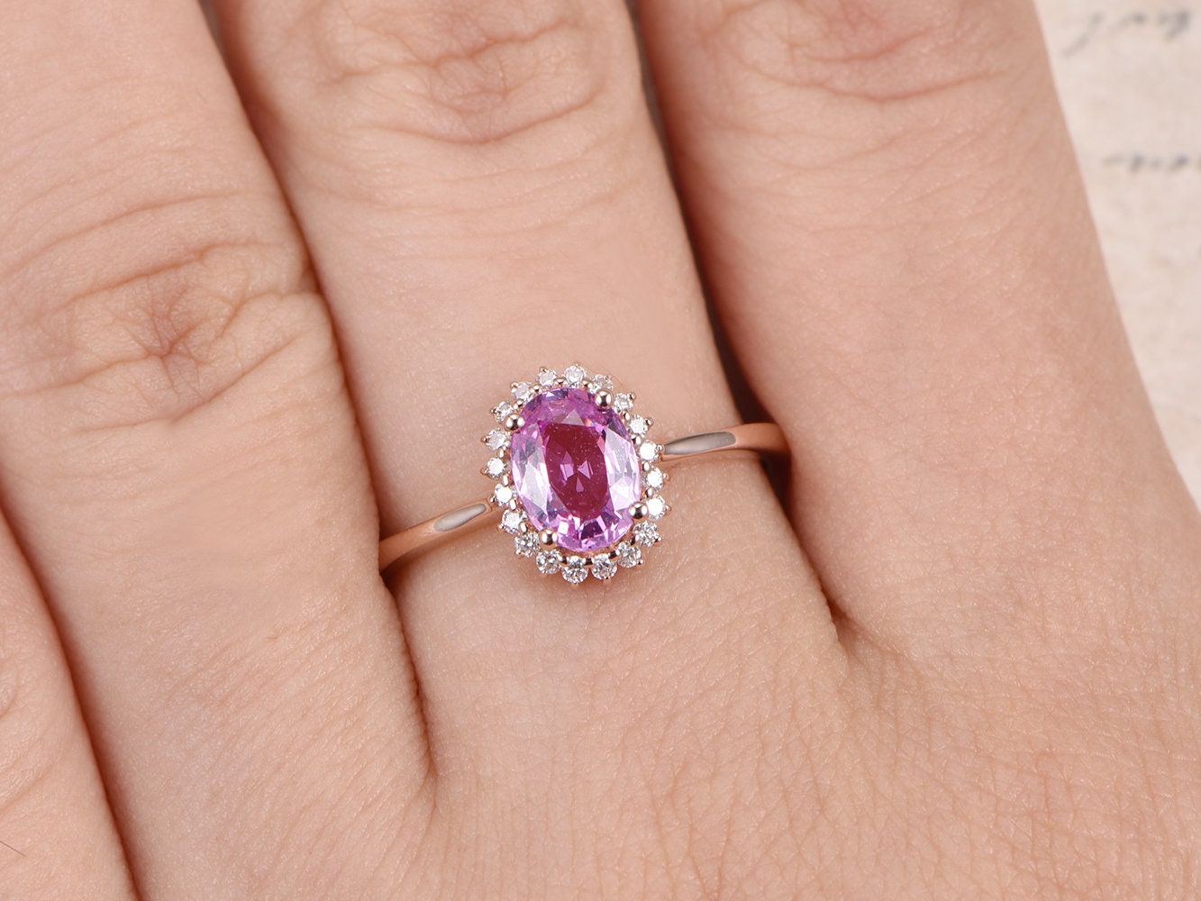 5x7mm Oval Cut Pink Sapphire Engagement Ring 14K Rose Gold Diamond Halo Plain Band