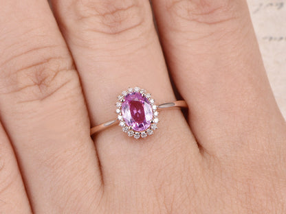 5x7mm Oval Cut Pink Sapphire Engagement Ring 14K Rose Gold Diamond Halo Plain Band