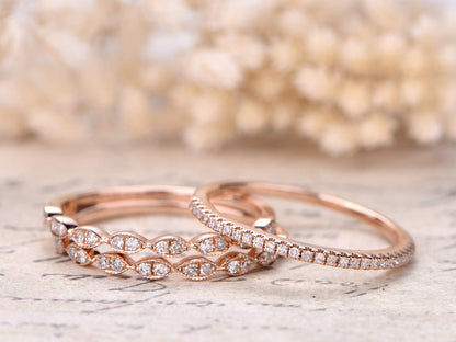 Alliance en diamant, demi-alliance sertie clos, bague de fiançailles, ensemble de 3 bagues de mariage, style Art déco, or rose 14 carats, bague marquise, finition milgrain