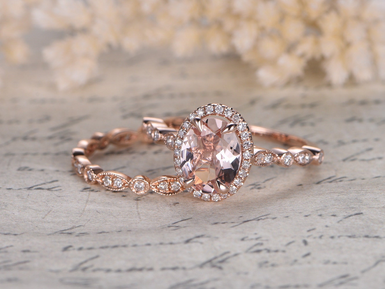 7x9mm Oval Cut Morganite Engagement Ring Set 2pcs 14K Rose Gold Diamond Halo | Full Eternity Art Deco Matching Band