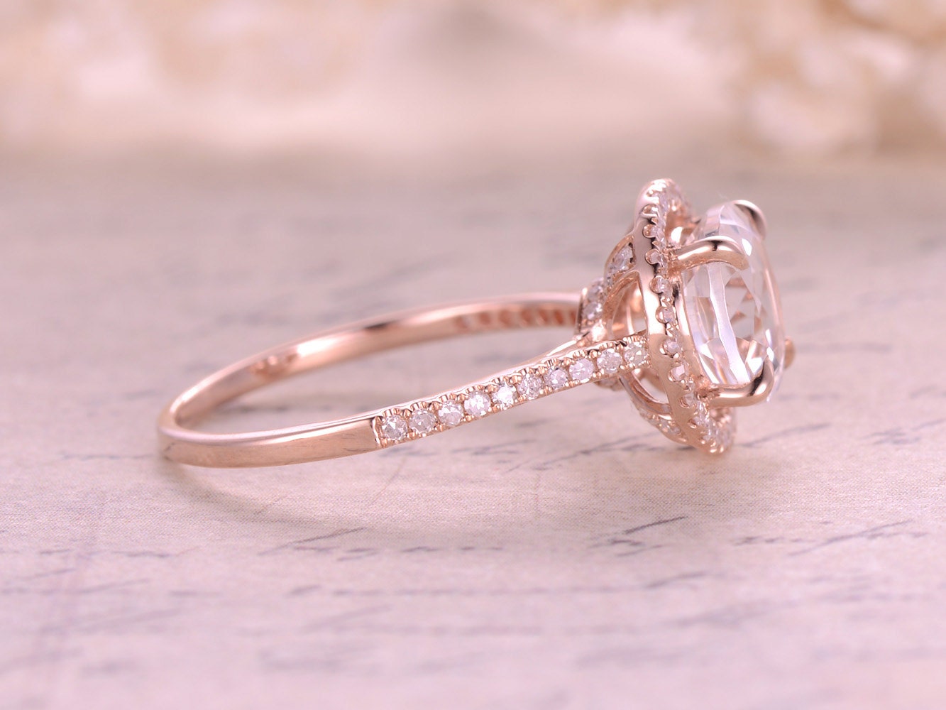 8mm Round Cut White Topaz Engagement Ring 14K Rose Gold Half Eternity Diamond Halo