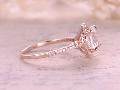 8mm Round Cut White Topaz Engagement Ring 14K Rose Gold Half Eternity Diamond Halo