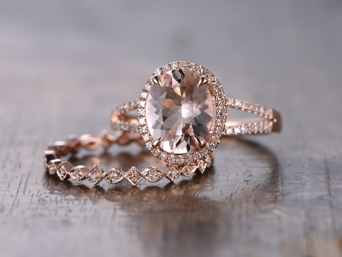 8x10mm-oval-cut-morganite-engagement-set-2pcs-14k-rose-gold-split-shank-halo-diamond-art-deco-matching-band