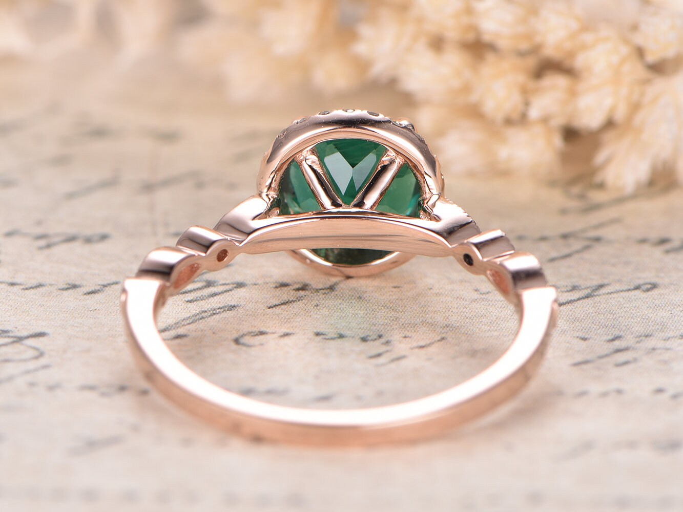 Bague de fiançailles émeraude en or rose 14 carats, bague émeraude, bague pierre de naissance de mai, bague halo diamant émeraude, anneau marquise, bague émeraude 7 mm, anneau diamant