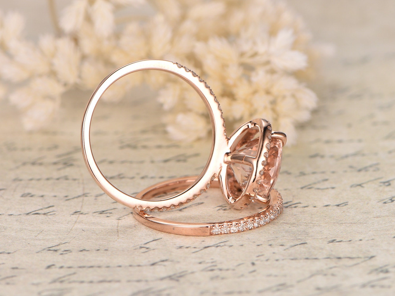 Ensemble de bagues de fiançailles en or rose et morganite, bague en morganite rose, alliance en diamant, demi-alliance, ensemble de bagues de mariage, ensemble de 2 bagues de mariée