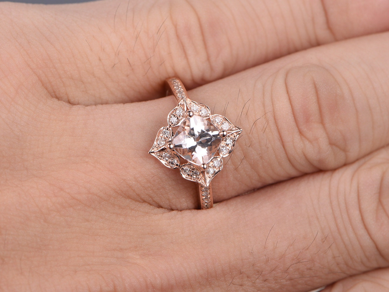 6.5mm-cushion-cut-morganite-engagement-ring-14k-rose-gold-floral-leaf-diamond-halo-half-eternity