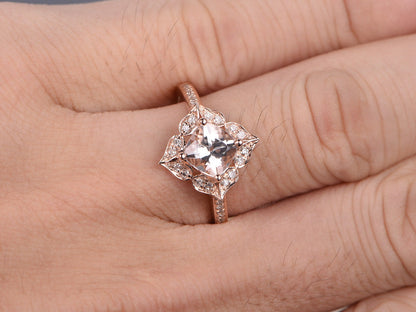6.5mm-cushion-cut-morganite-engagement-ring-14k-rose-gold-floral-leaf-diamond-halo-half-eternity