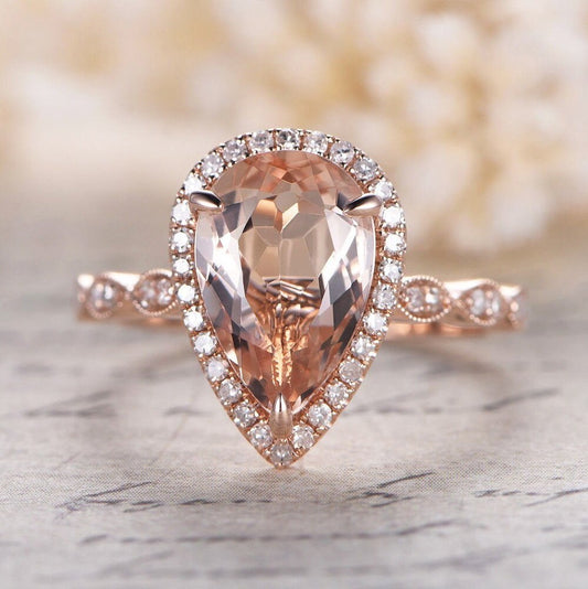 Bague de fiançailles en morganite taille poire, alliance style Art déco antique, pierre précieuse 8x12mm, bague de promesse, bague halo diamant, bague de mariée en or rose 14 carats