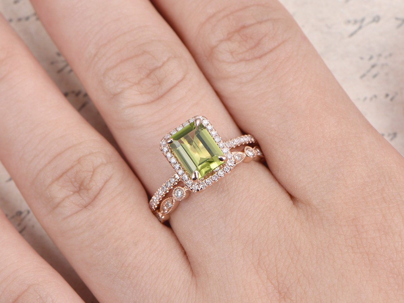 6x8mm-emerald-cut-peridot-engagement-ring-set-14k-rose-gold-art-deco-diamond-ring-august-birthstone