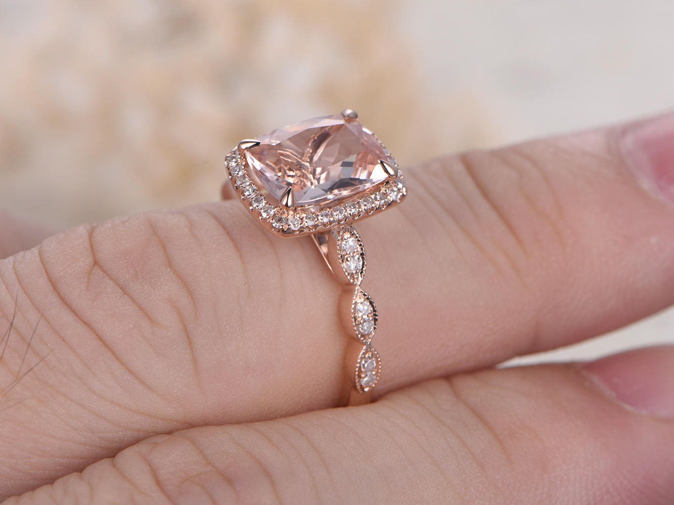 Bague de fiançailles en or rose 14 carats avec morganite naturelle VS, bague morganite ovale 7x9 mm, alliance en diamants, bague de mariée, halo de diamants, bague marquise