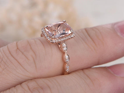 Bague de fiançailles en or rose 14 carats avec morganite naturelle VS, bague morganite ovale 7x9 mm, alliance en diamants, bague de mariée, halo de diamants, bague marquise
