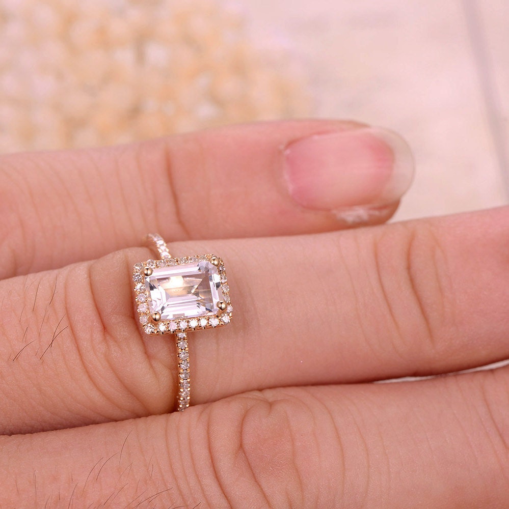 5x7mm Emerald Cut White Topaz Engagement Ring 14K Yellow Gold Diamond Halo Half Eternity